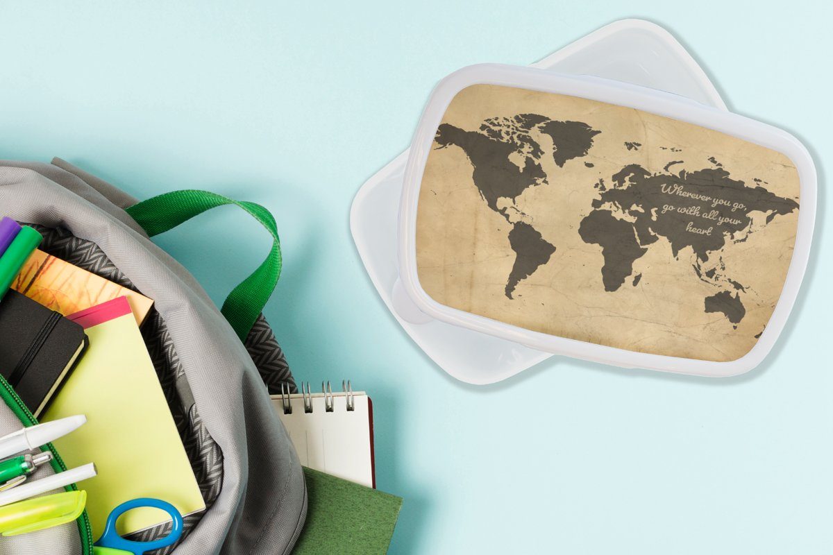 Brotbox Weltkarte und Zitat, für für Lunchbox weiß Erwachsene, - Vintage - (2-tlg), Jungs MuchoWow Mädchen Kinder und Brotdose, Kunststoff,