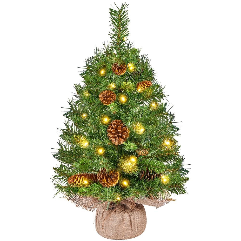 Yaheetech Künstlicher Weihnachtsbaum 61/92 cm (H), Tisch-Tannenbaum Christbaum mit LED-Lichtern & Tannenzapfen