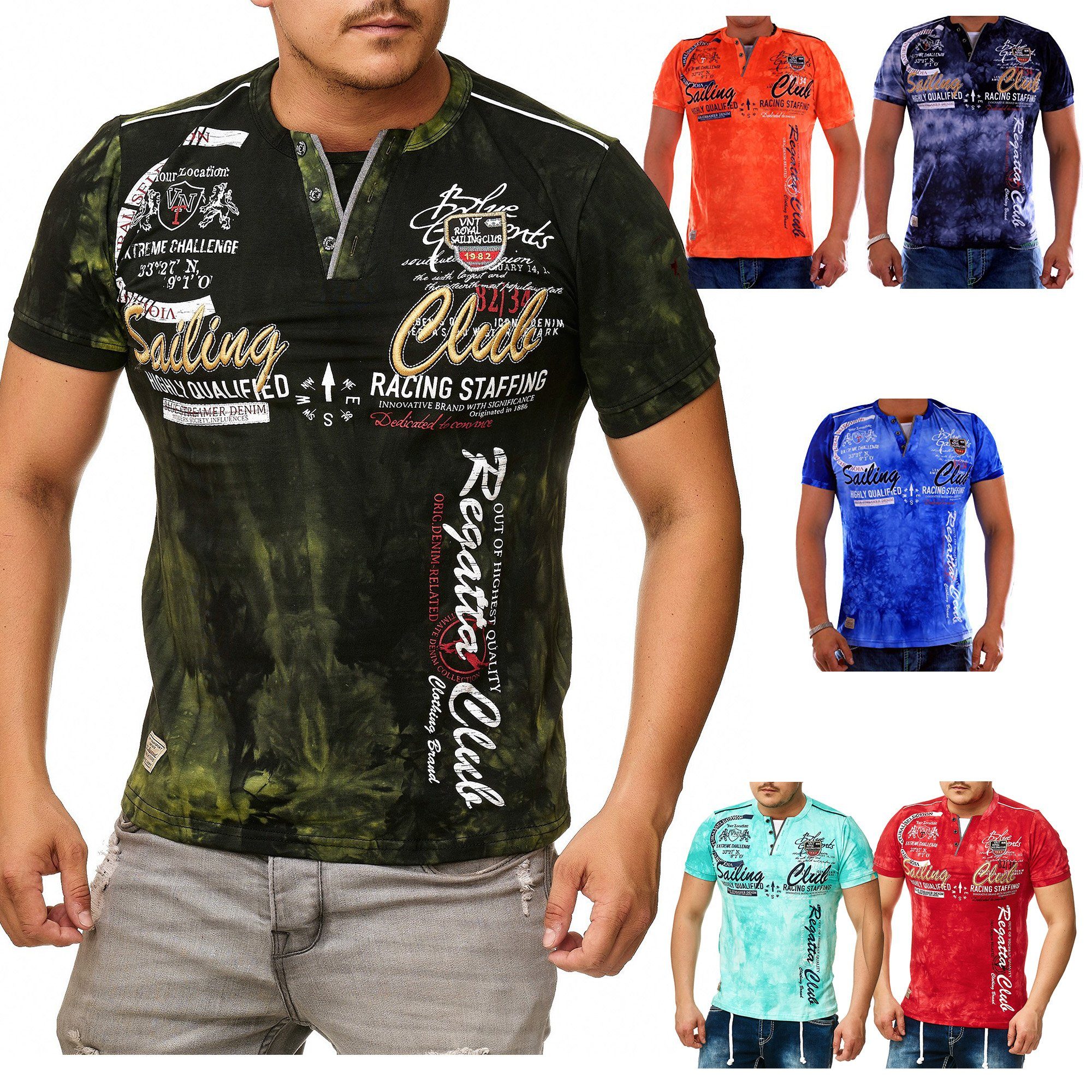 Kurzarmshirt Herren T-Shirt mit Knopfleiste, Verwaschen kurzarm mit gestickten
