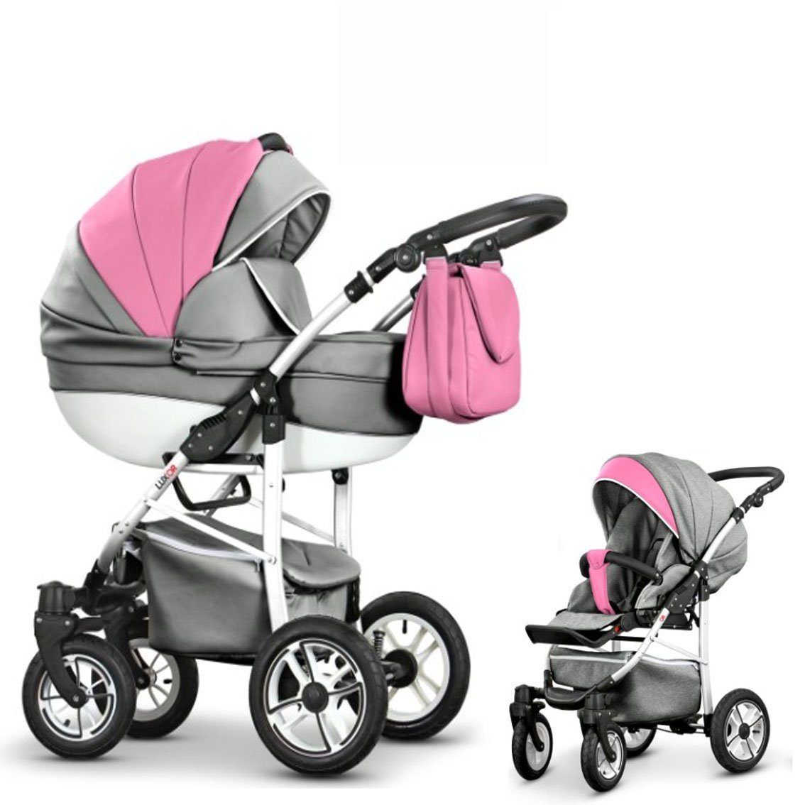 babies-on-wheels Kombi-Kinderwagen 2 in 1 Kinderwagen-Set Cosmo ECO - 13 Teile - in 16 Farben Hellgrau-Rosa Kunstleder
