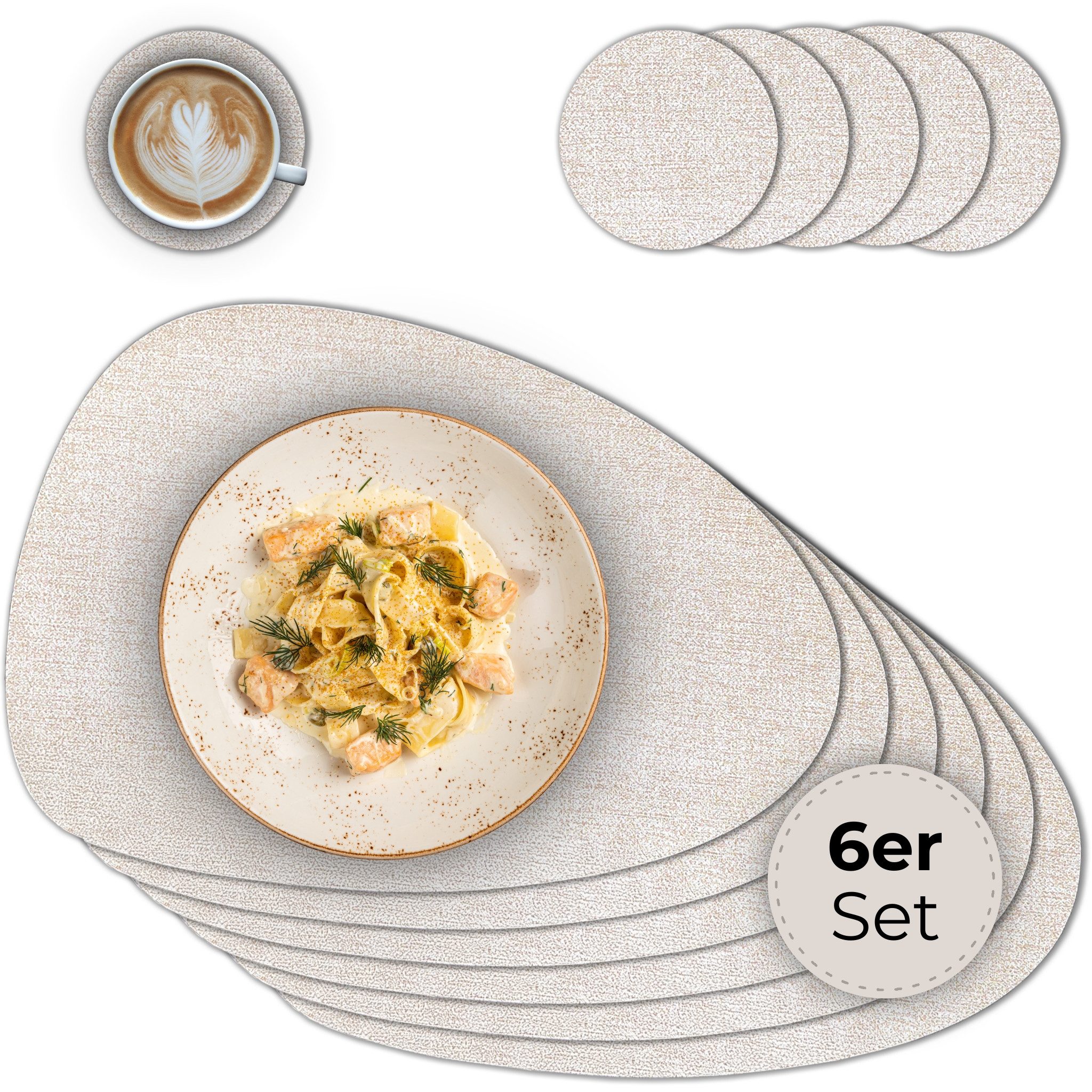 matches21 HOME & HOBBY Platzset Ovales Tischset mit Glasuntersetzer, 6er Set, in Beige meliert, (6-St), Hitzebeständige abwaschbare PVC Platzsets
