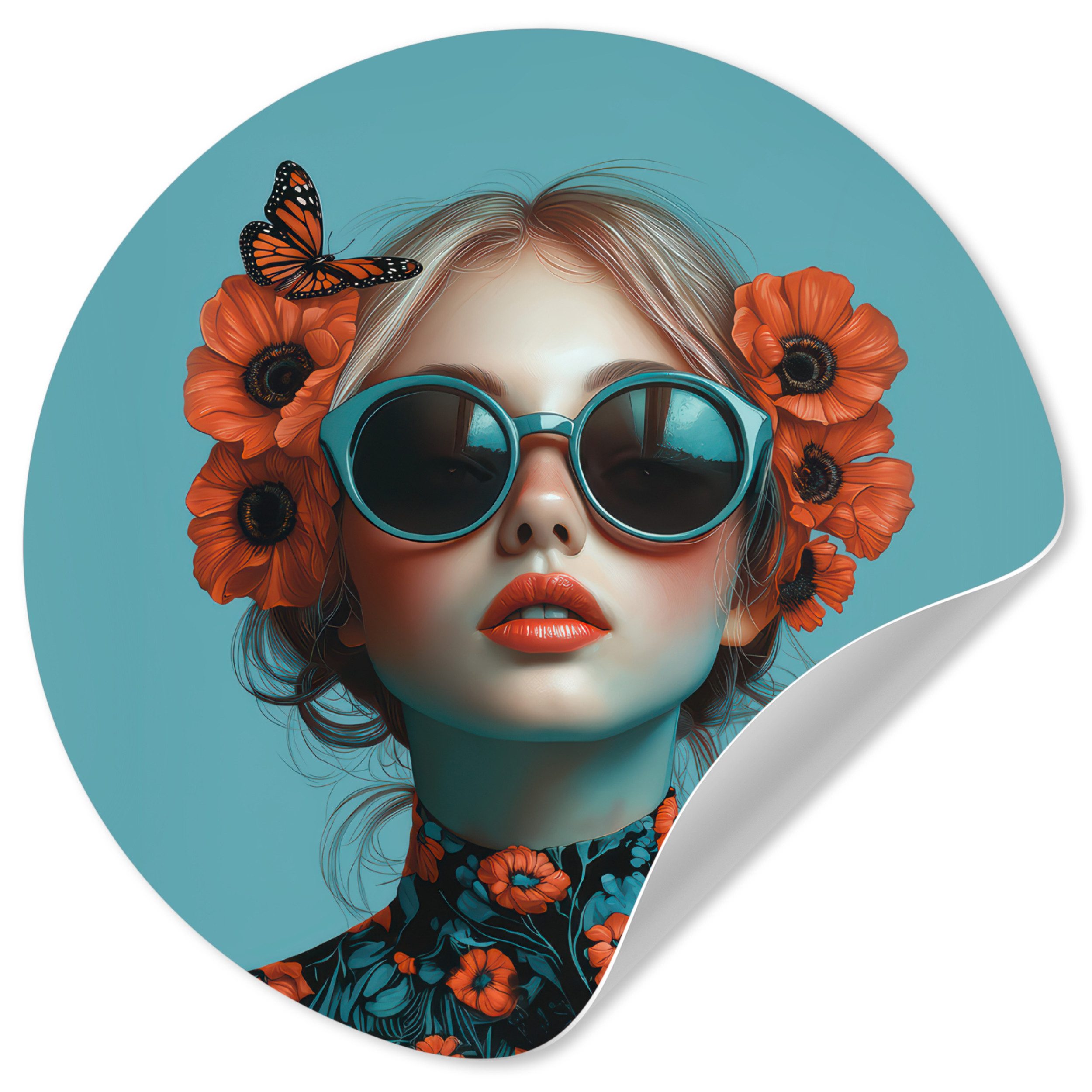 MuchoWow Wandsticker Frau - Blau - Schmetterling - Floral - Ästhetisch (1 St), Wandtattoo Selbstklebend, Wohnzimmer Deko Aufkleber, 30x30 cm