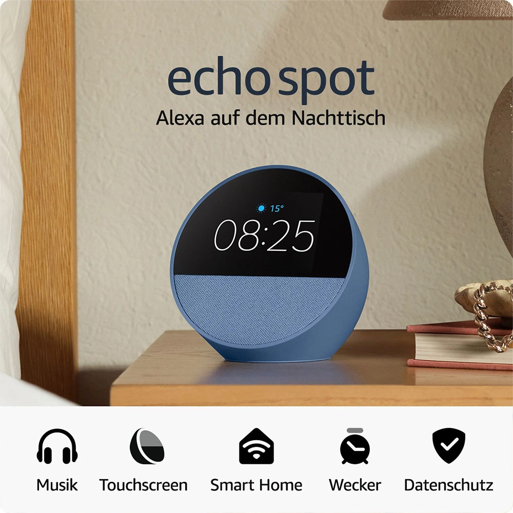 Amazon Echo Spot (2024), smarter Wecker mit sattem Klang und Alexa, Lautsprecher