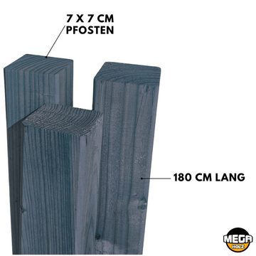 Mega-Holz Sichtschutzelement Sichtschutz Rhombus Kiefer Grau lasiert 180 x 180 cm Gartenzaun, (Sparset, 7-St., mit Pfosten und Flechtzaunhaltern), Doppelt Lasiert