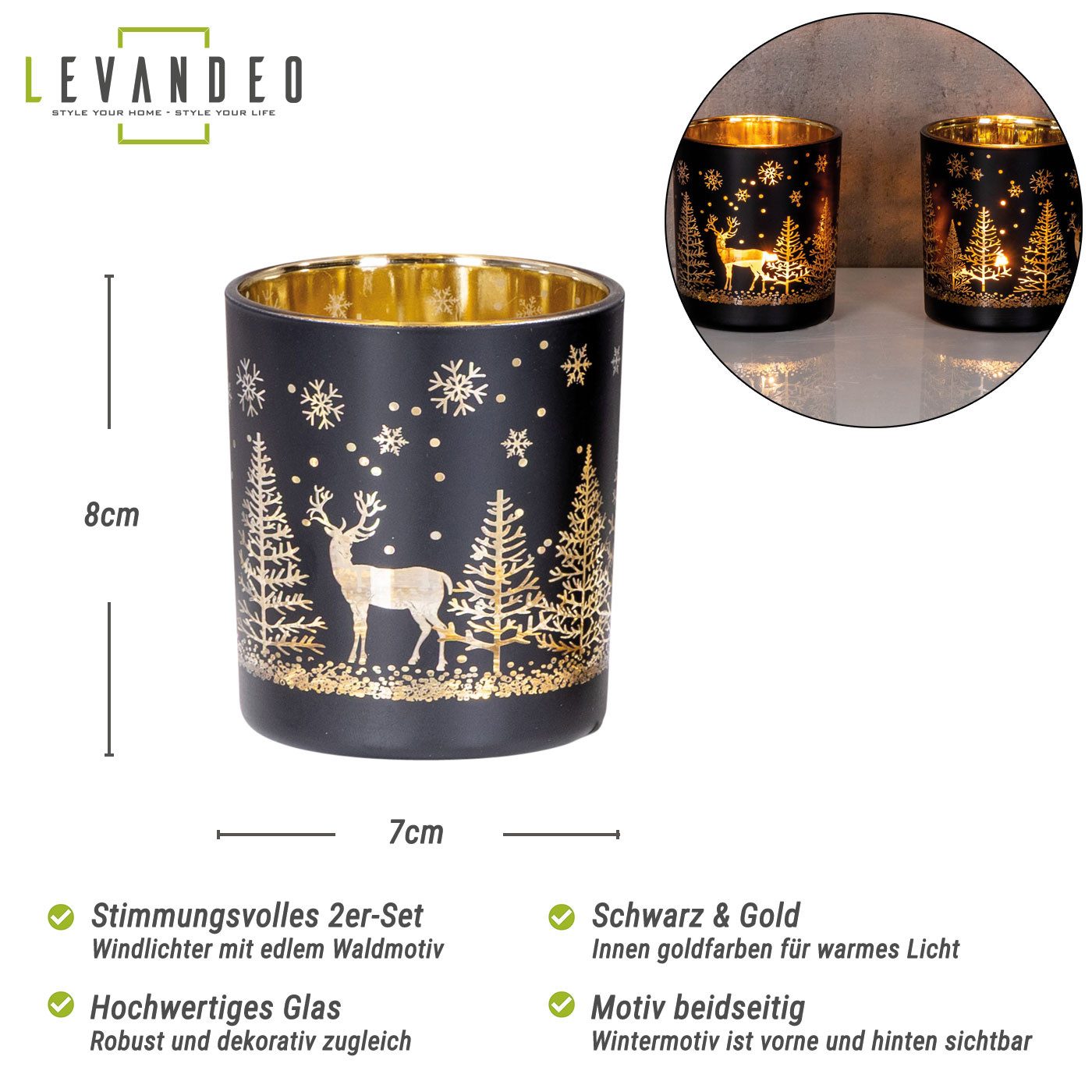 Levandeo® Teelichthalter, 2er Set Teelichthalter Schwarz Gold Winter Landsc günstig online kaufen