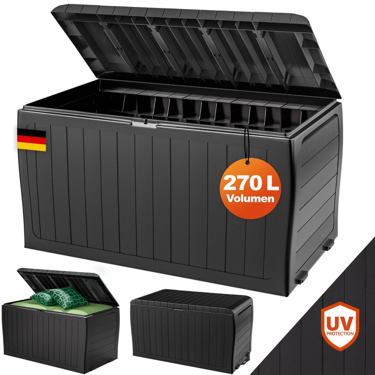 Deuba Auflagenbox Marvel Plus, Auflagenbox 270L UV-beständig Haltegriffe Rollen Kissenbox Anthrazit