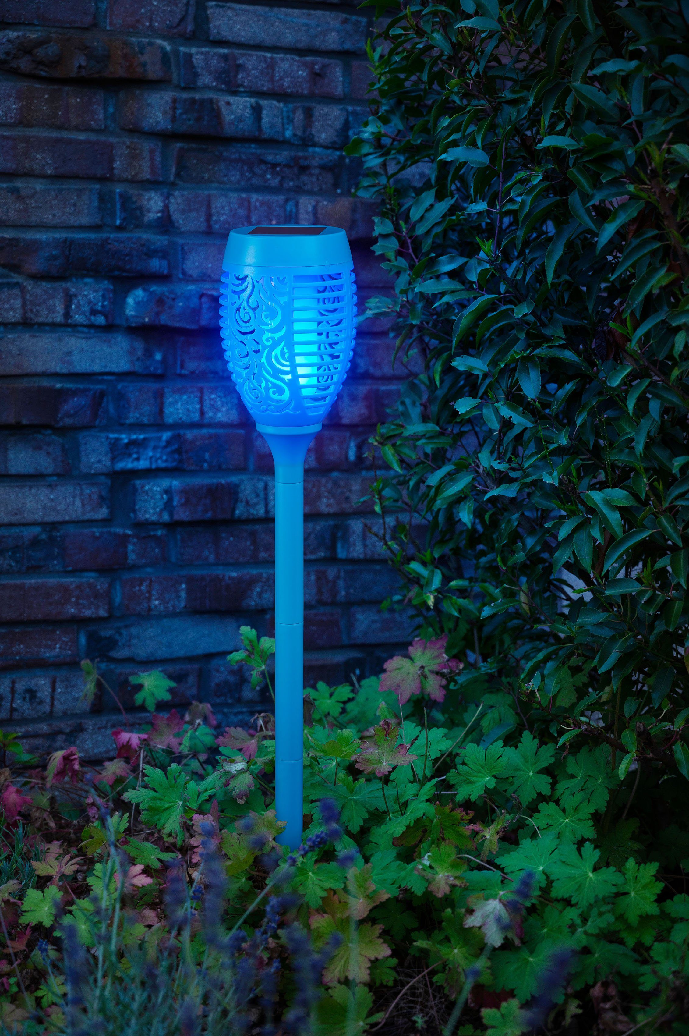 fest realer Gartenfackel, BONETTI mit Solar Gartenfackel 3er LED türkis Flamme Set Tageslichtsensor, integriert, LED LED