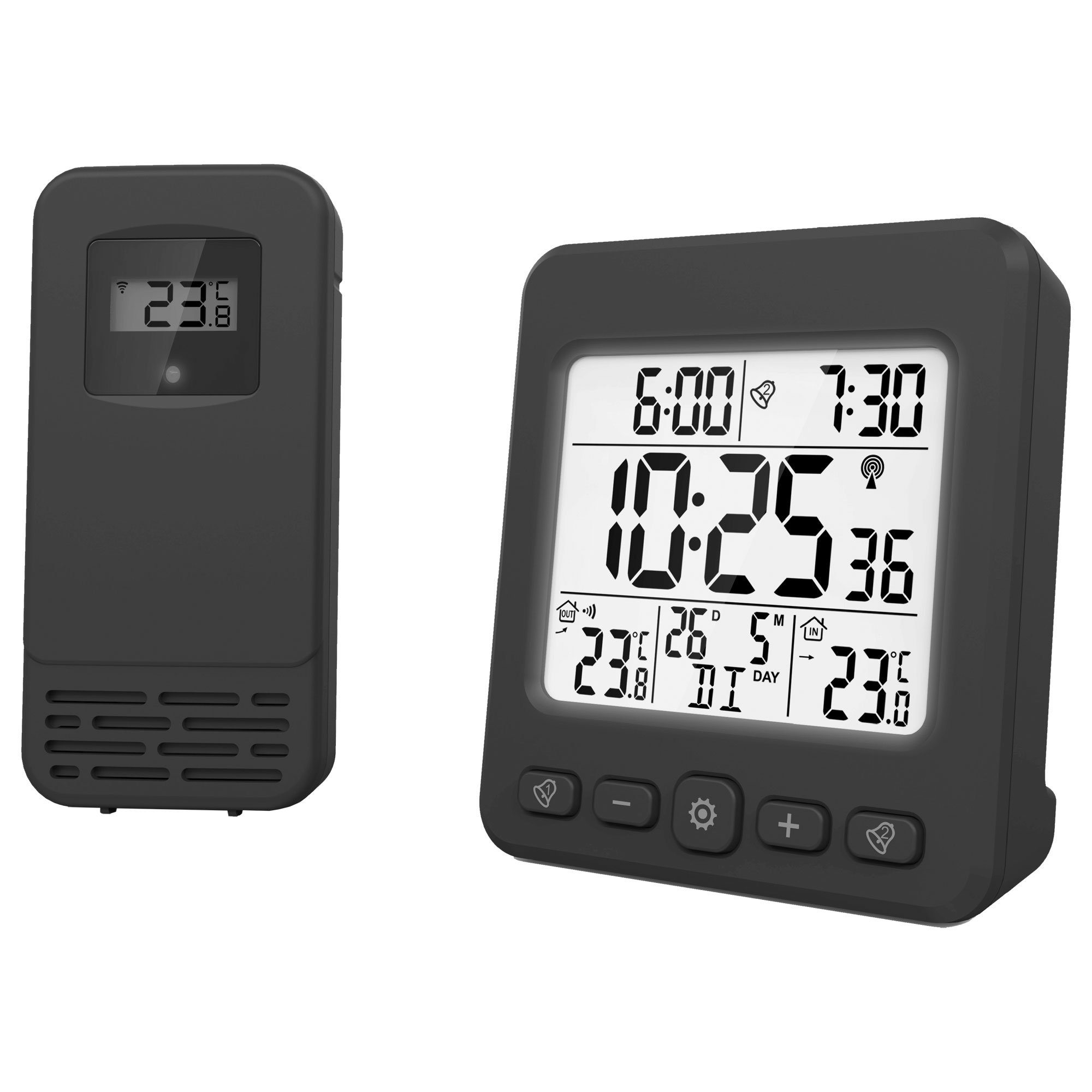 Miraval LCD Funkwecker mit Außensensor Wetterstation Datumsanzeige Funkuhr Kalender Datum 2 Alarme Datumsanzeige Snooze Funkwetterstation (Datumsanzeige, Funksignal, Temperaturanzeige, Aussensensor, AA-Batterien, Schwarz, Großer Display, Funkwecker) | Wettersensoren