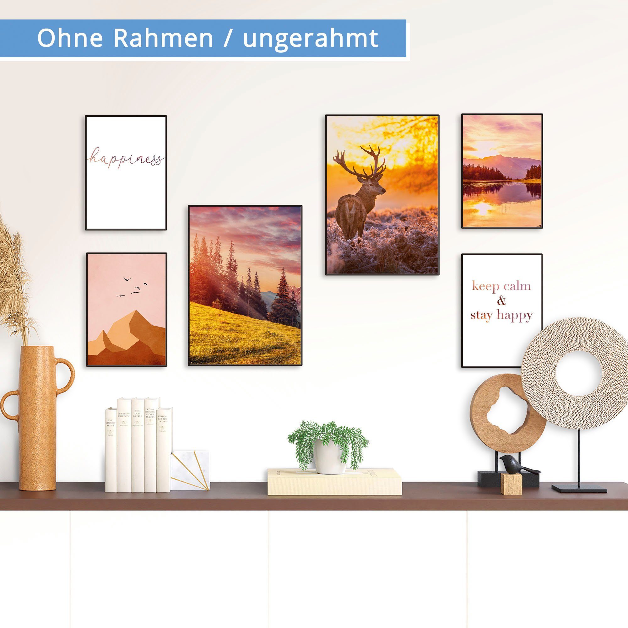 Artland Poster Natur im Sonnenuntergang, Berge & Alpenbilder (Set, 6 St), Bilder Set, 6tlg. 4xDIN A4 / 2xDIN A3, ohne Rahmen