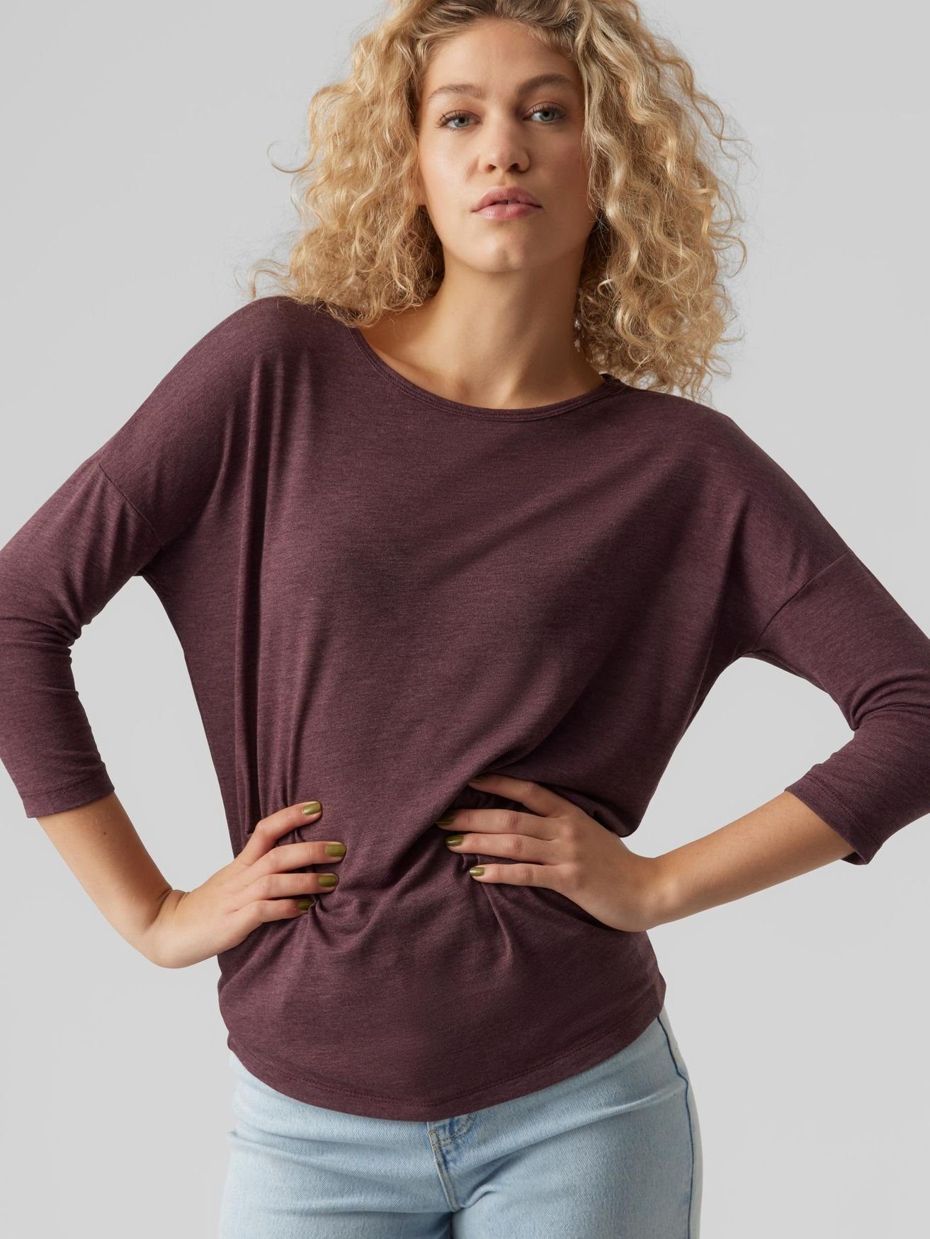 Top Oberteil Shirt Überschnittene Moda Schulter Schwarz, T-Shirt Arm Vero 4856 Langarm in VMCARLA Rundhals 3/4 Einfarbiges