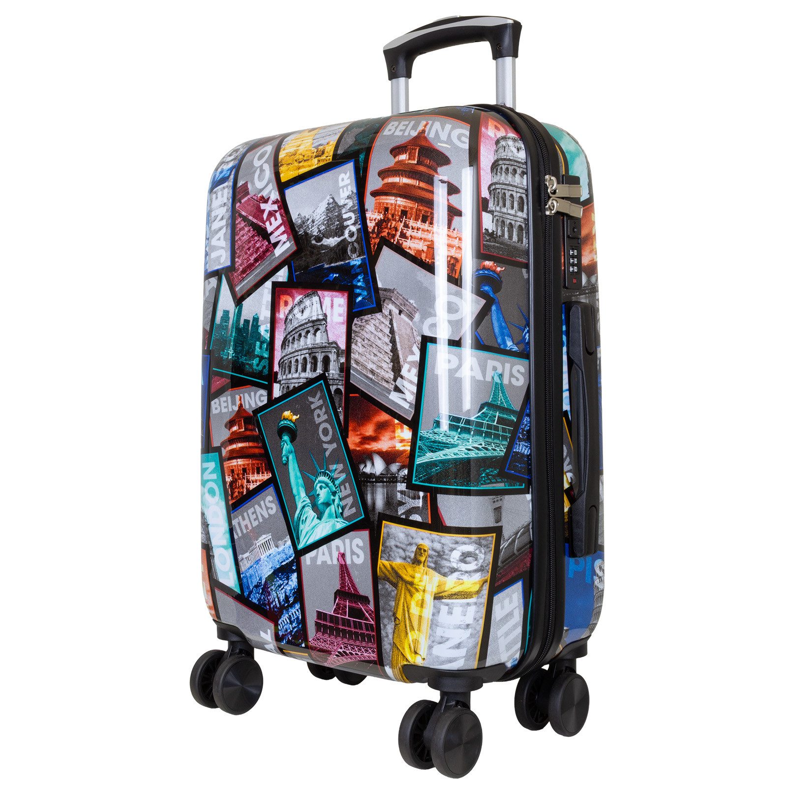 Trendyshop365 Hartschalen-Trolley City, bunter Koffer mit Motiv, 3 Größen, 4 Rollen, Zahlenschloss, Polycarbonat, Dehnfalte