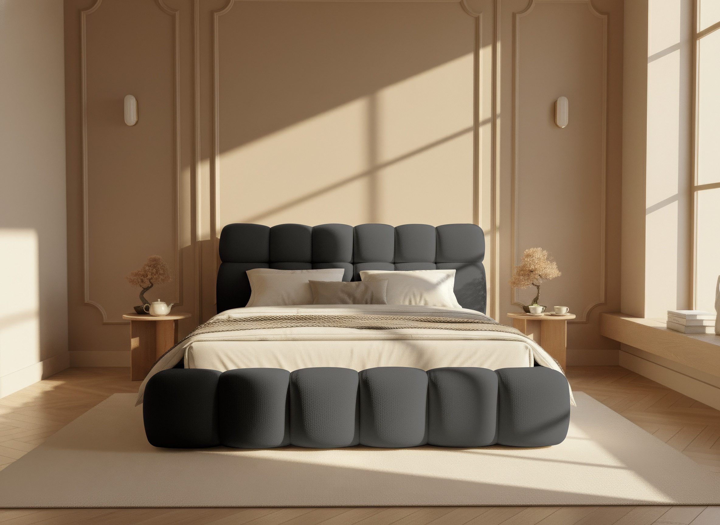 thematys Polsterbett mit Bettkasten, CLOUD 140x200 160x200 180x200 200x200cm (Kopfteil im Oversize-Look und Stauraum – weich, modern und pflegeleicht), hochwertiger Davis-Stoff in Grafit, Grau, Weiß, Beige und Kreme