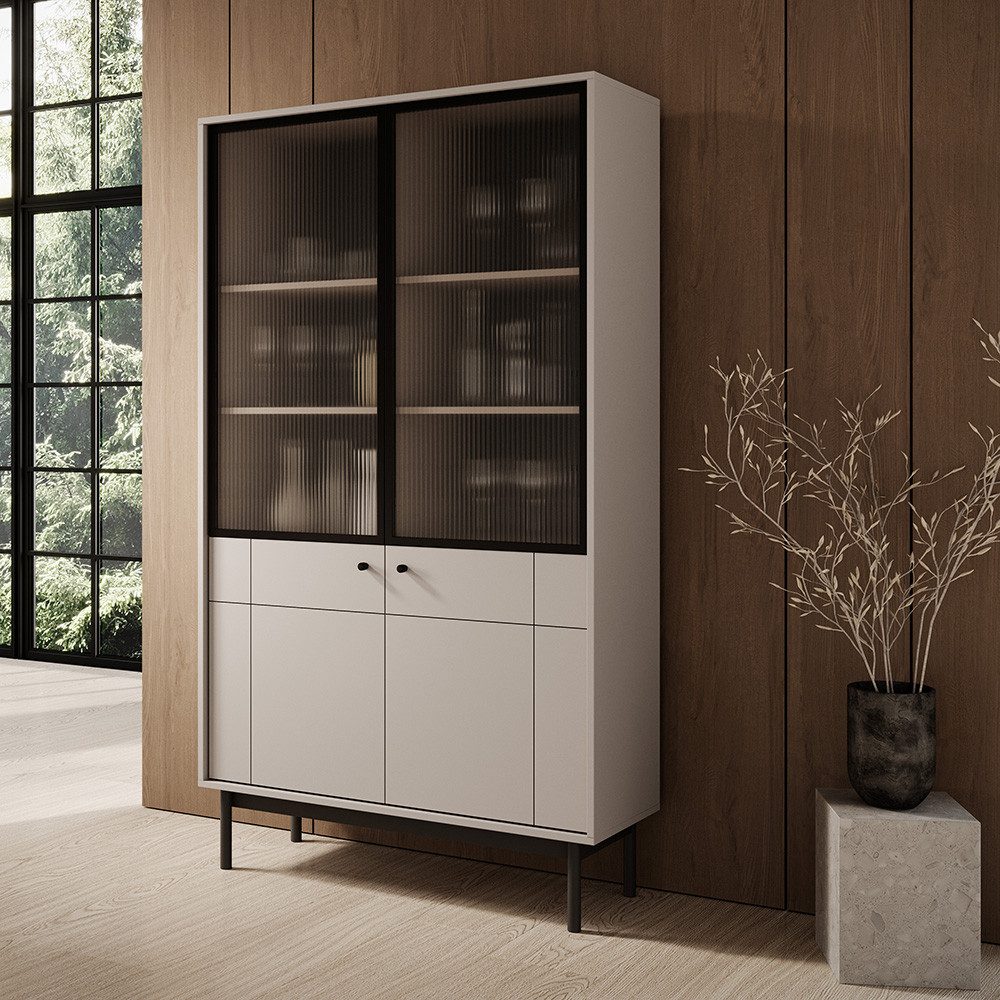 Lomadox Vitrine JANTAR-160 in kaschmir, schwarzen Holzfüßen, gefräste Front günstig online kaufen