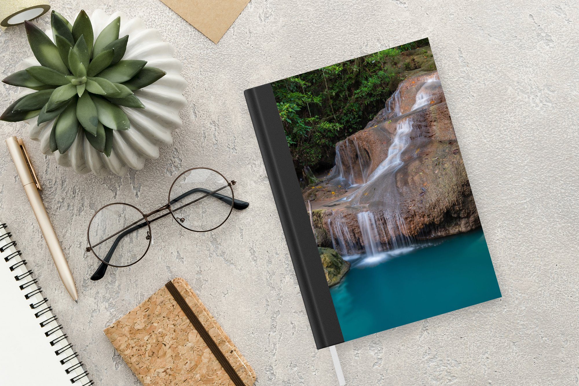 Felsen Wasserfall - - Tagebuch, Seiten, Merkzettel, 98 A5, Notizbuch Landschaft, Haushaltsbuch Journal, MuchoWow Notizheft,