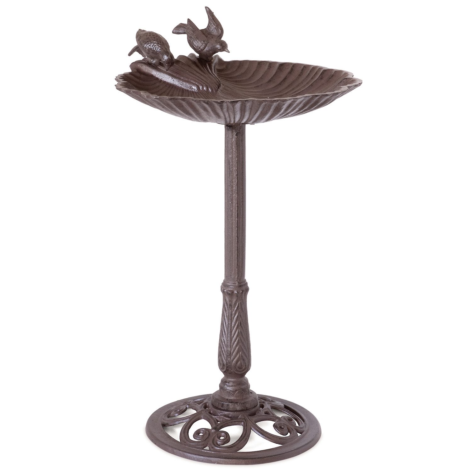 Moritz Vogeltränke Vogelbrunnen Gusseisen 82,5 cm stehend Standfuß antik braun zwei Vögel