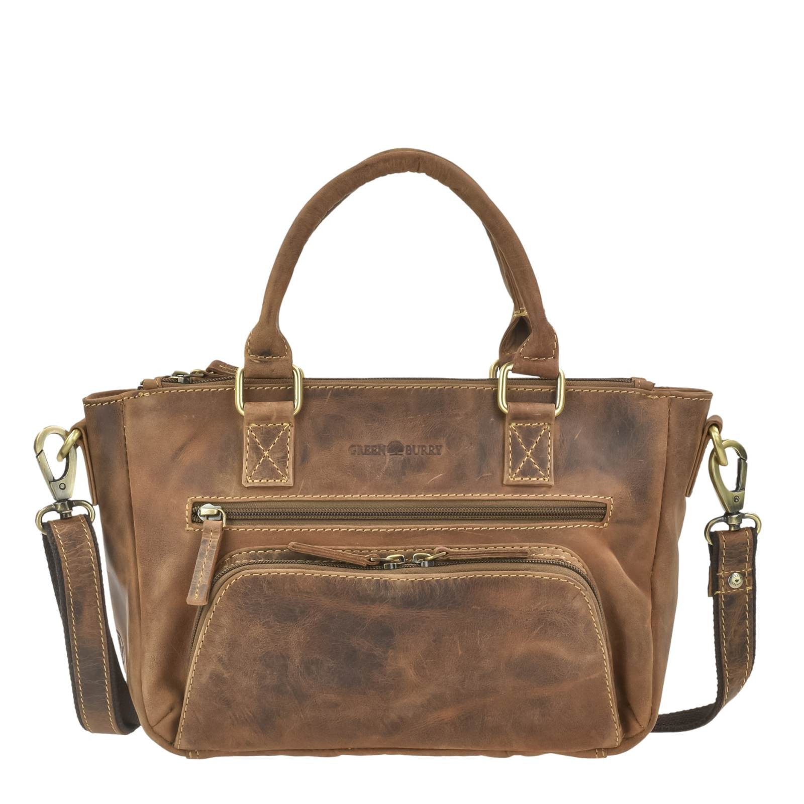 Greenburry Umhängetasche Vintage Handtasche Shopper Damen Leder antikbraun, Schultertasche mit 3 Fächern und Tragegriffen
