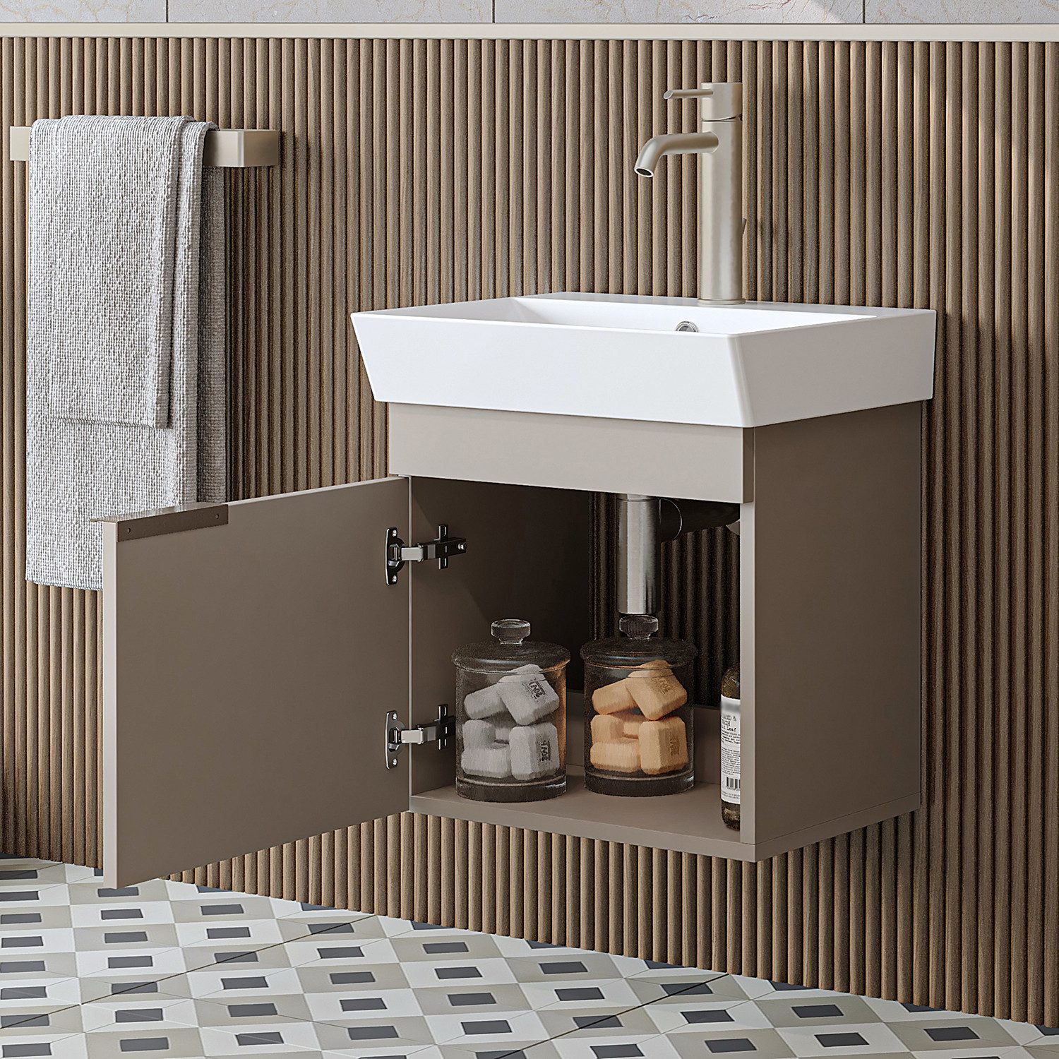 Roomart Waschbeckenunterschrank LYCIA 50 cm hängend, Keramikbecken inkl., Soft-Close, 4 Farben (Set) Soft-Close-Tür, nur 32 cm tief, Wandmontage, 4 Farben