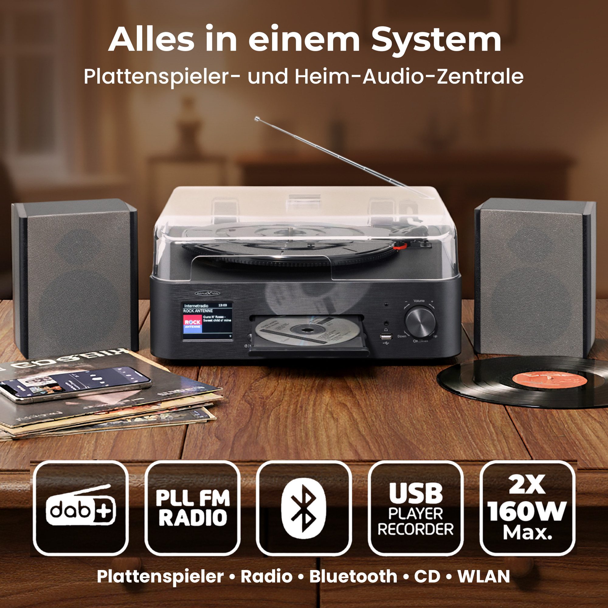 Reflexion HIF2082DAB Plattenspieler (Bluetooth, DAB+, UKW, CD, Bluetooth, Großes 2,8" TFT-Farbdisplay)