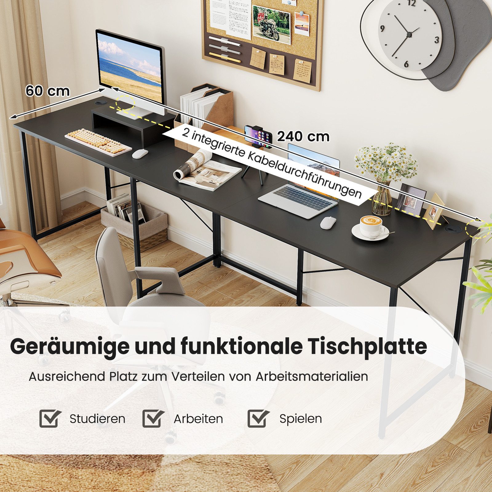 COSTWAY Eckschreibtisch, Reversibler Schreibtisch in L-Form mit Kabellöchern