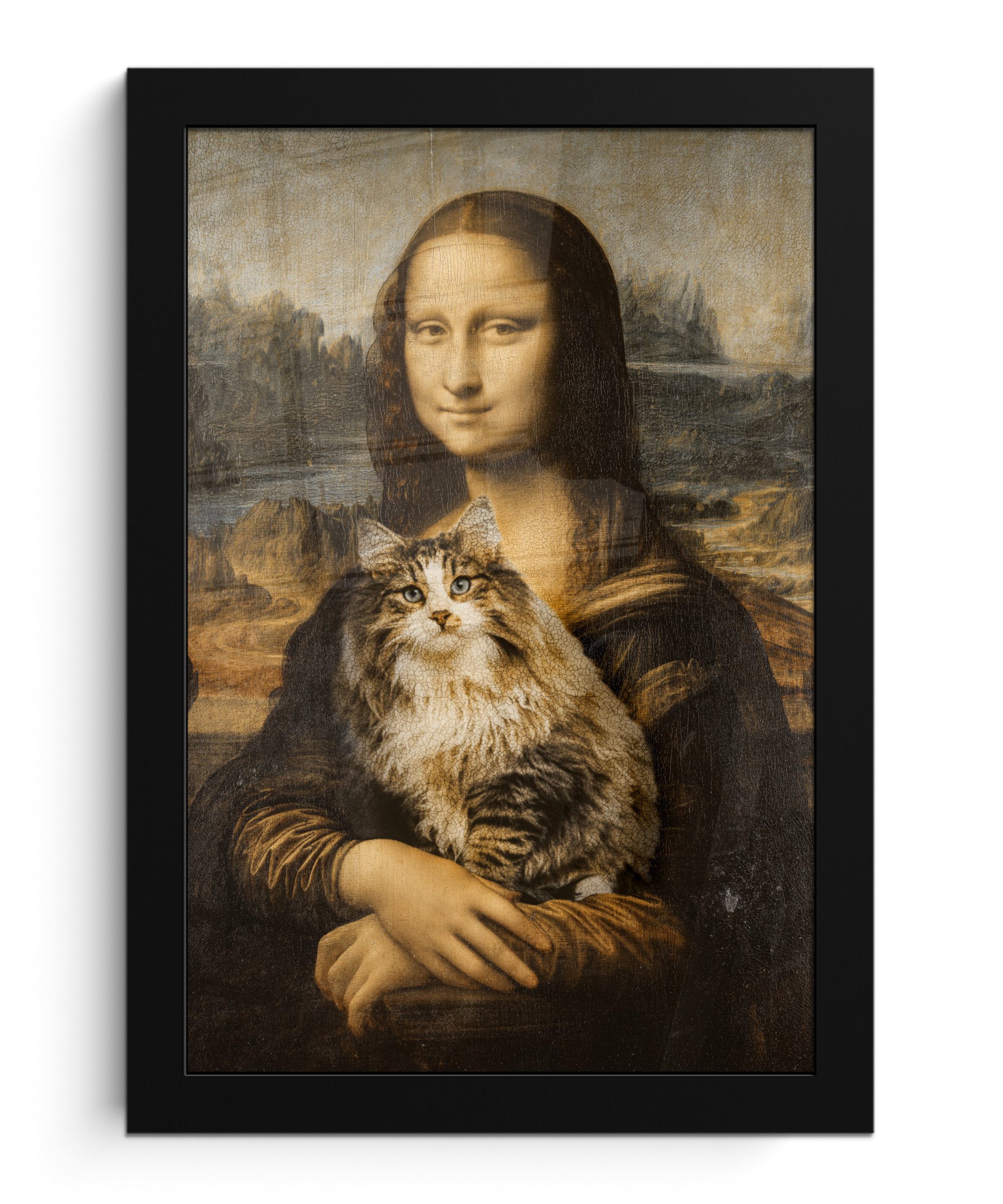 MuchoWow Poster Mona Lisa - Katze - Leonardo da Vinci - Vintage - Kunstwerk - Alte Mei, (1 St), Bilderrahmen Schwarz, Wanddeko für Wohnzimmer, 40x60 cm