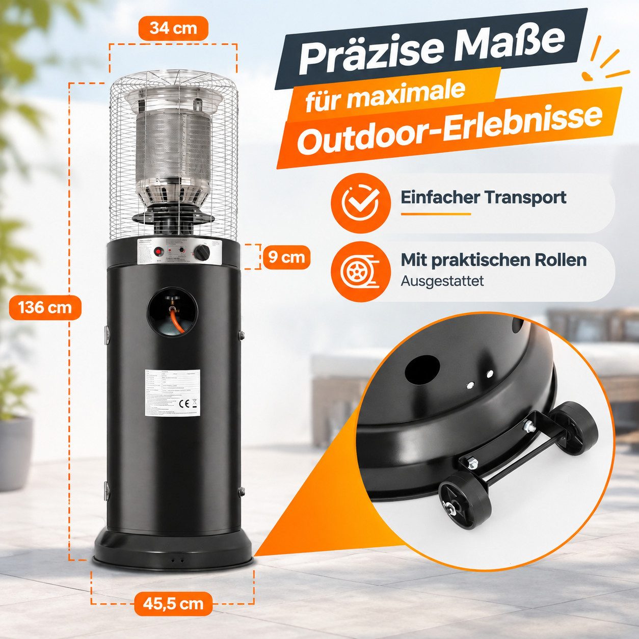 Ledklang Heizstrahler Gasheizstrahler Terrassenheizstrahler Gas 10-13kW Schwarz Mobil, 8000 W, Terrassenheizer für Terrasse Garten Balkon Outdoor 136D*45.5W*45. – Bild 3 von 5