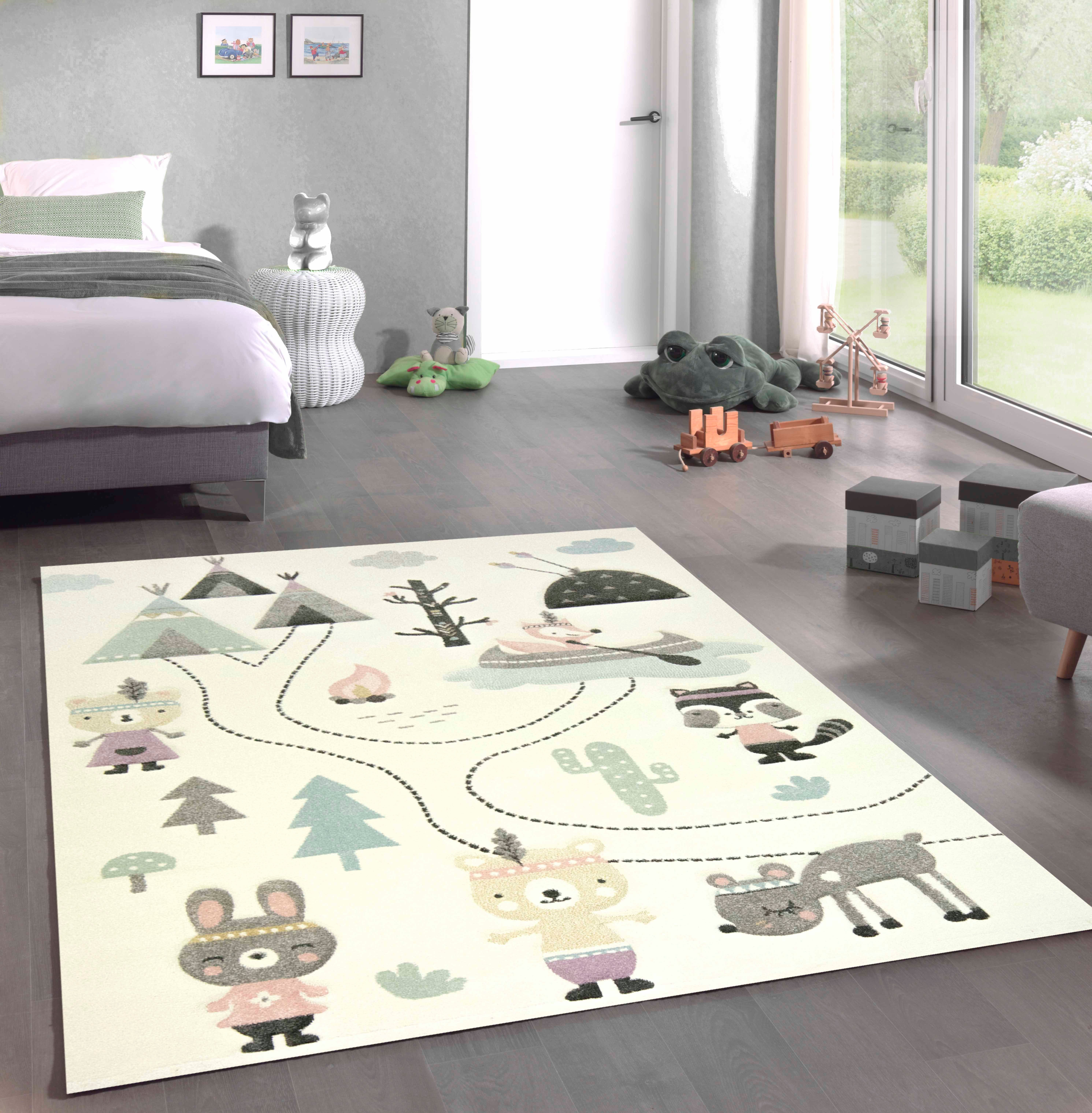 Carpetia Kinderteppich Spielteppich Kinderzimmer Teppich Camping Bären creme grau grün, rechteckig, Höhe: 13 mm