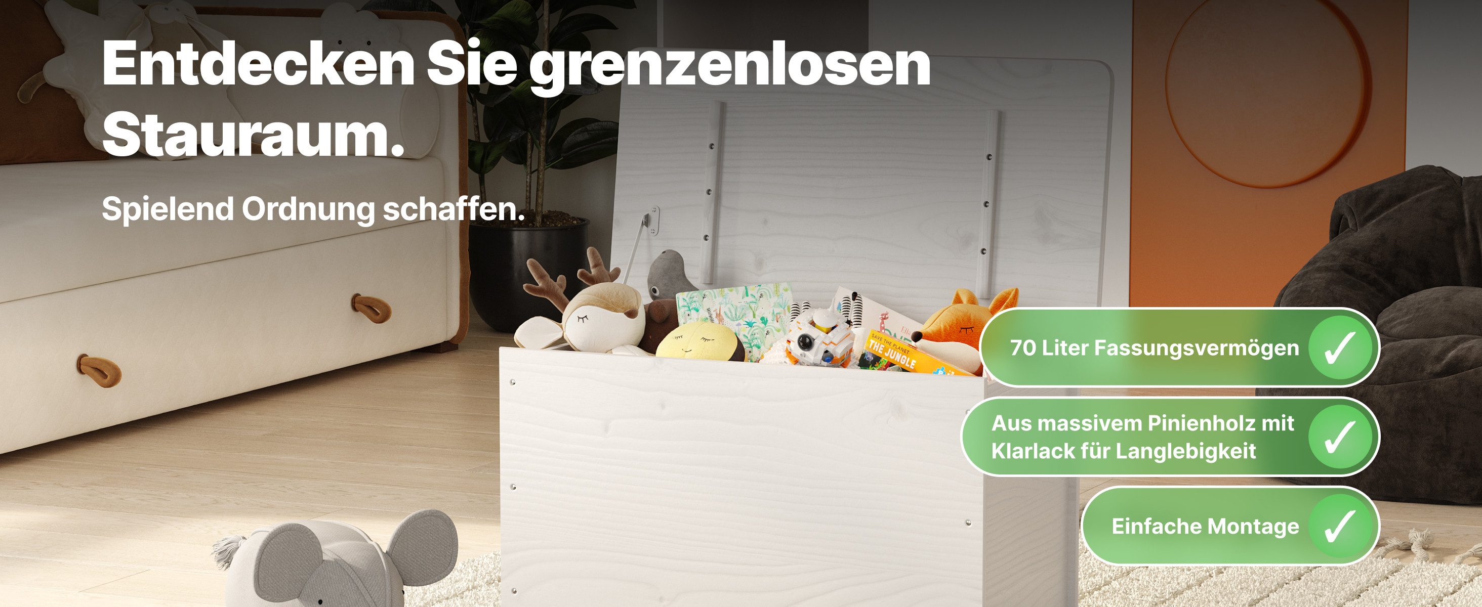 KMH Spielzeugtruhe Holz Weiß/Natur 4 Doppelrollen Deckel 70L Stauraum Pinienholz 73x40 cm (Aufbewahrungsbox Spielzeugkiste Bücher Decken Kleidung Ordnung Zuhause), Klappbar Scharnier mobil Kinderzimmer Flur Wohnzimmer Schlafzimmer Box