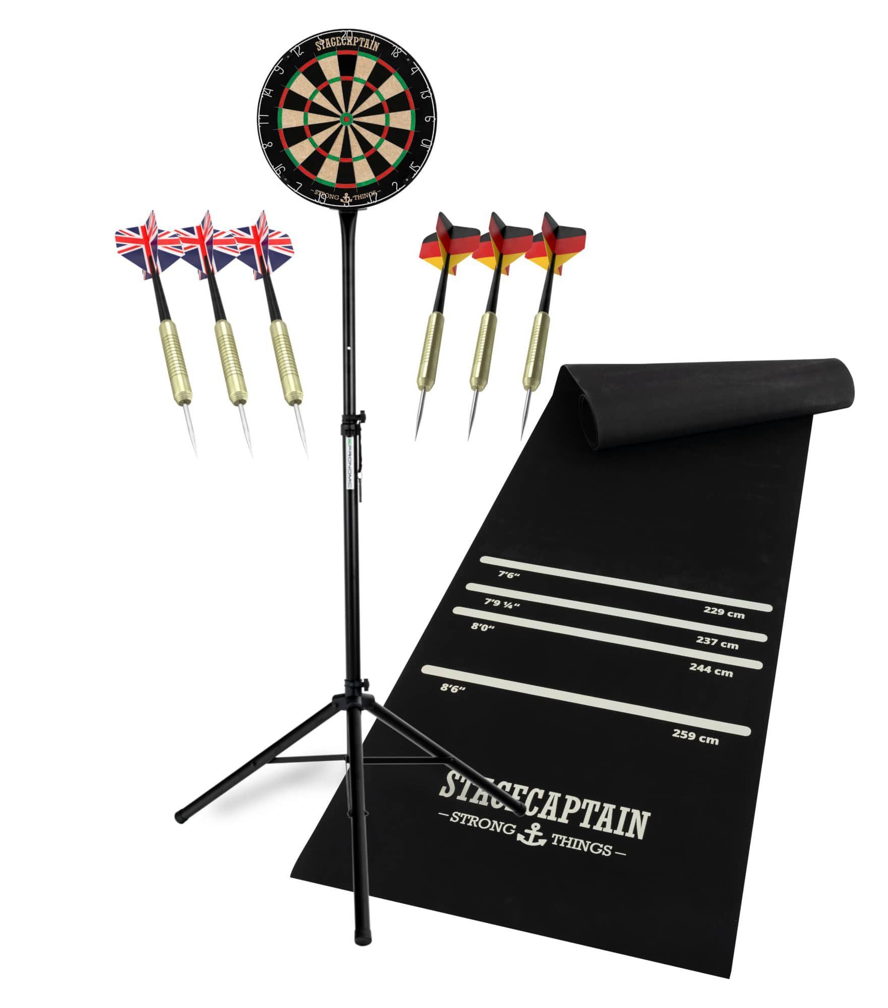 Stagecaptain Dartscheibe DBS-1715 BullsEye Pro Komplett Set, (Dartboard Mobil Set, inkl. Stativ, Dartmatte, 6 Dartpfeilen und 12 Flights), Steeldartscheibe aus Sisal mit dünnen Drähten