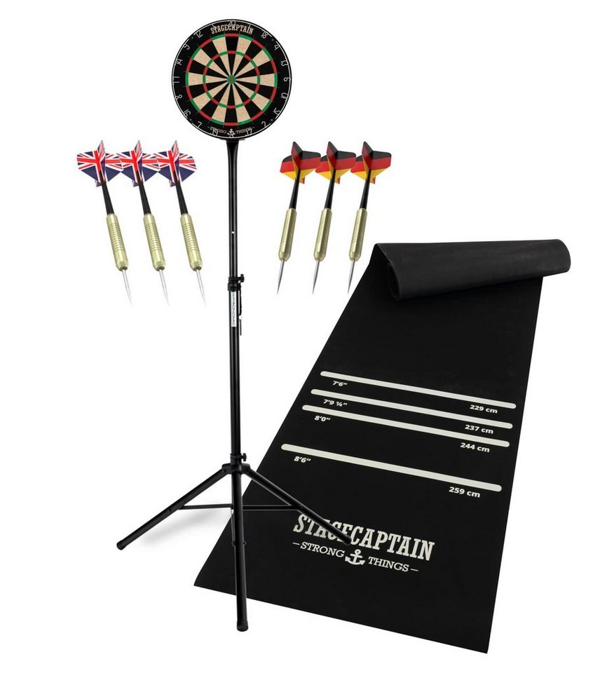 Stagecaptain Dartscheibe DBS-1715 BullsEye Pro Komplett Set, (Dartboard Mobil Set, 20-tlg., inkl. Stativ, Dartmatte, 6 Dartpfeilen und 12 Flights), Steeldartscheibe aus Sisal mit dünnen Drähten