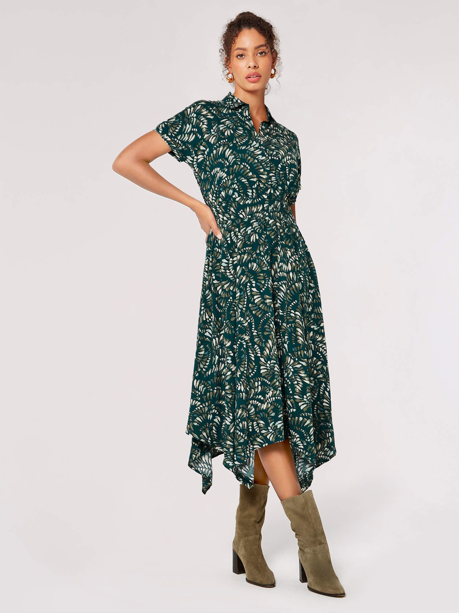 Apricot Druckkleid Blattmuster-Midikleid mit asymmetrischem Saum