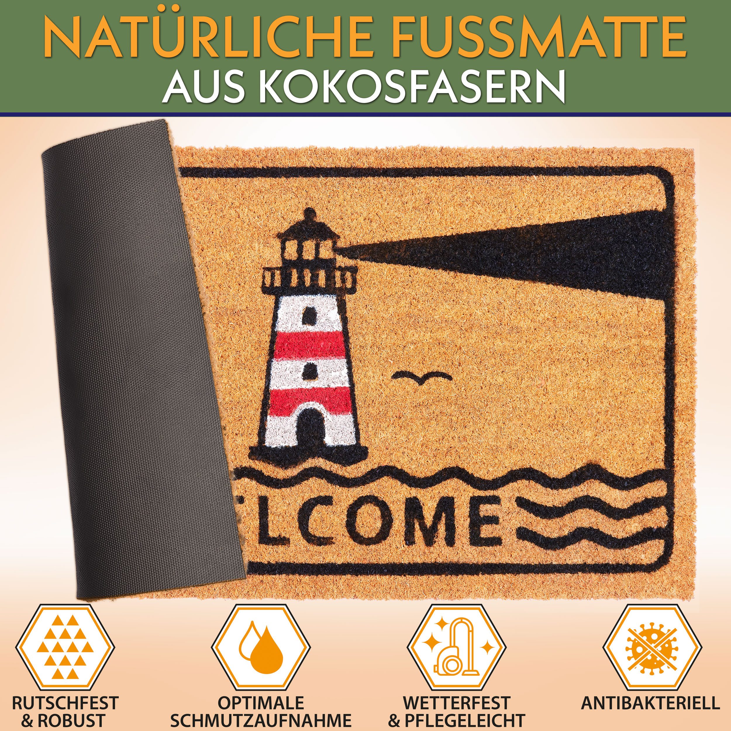 BRUBAKER Fußmatte Welcome mit Leuchtturm - 45 x 75 cm Schmutzfangmatte, Rechteckig, Höhe: 15 mm, Fußmatte für Außen und Innen aus Kokos - Wetterfest und Rutschf – Bild 3 von 5