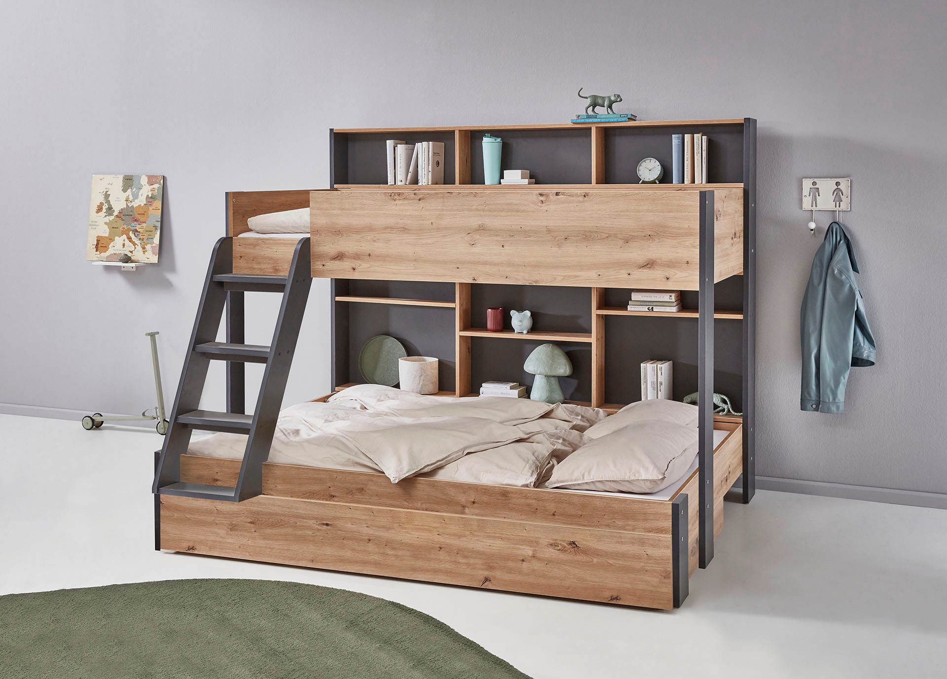 Relita Etagenbett viel Stauraum, pflegeleichte Melamin Oberfläche, 3 Farben zur Wahl (viele Regalfächer an der Bettrückseite, inkl. Schublade auf Rollen), viel Stauraum, pflegeleichte Melamin Oberfläche, 3 Farben zur Wahl