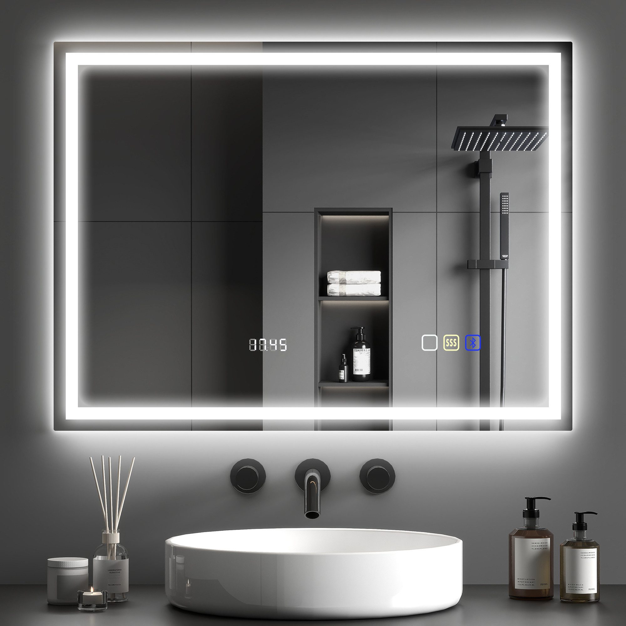 HOMCOM Badspiegel LED Spiegel Wandspiegel Bluetooth-Musikfunktion Memory-Funktion (Beschlagfrei Wandspiegel, 1-St., dimmbar LED Spiegel), für Badezimmer, Silber