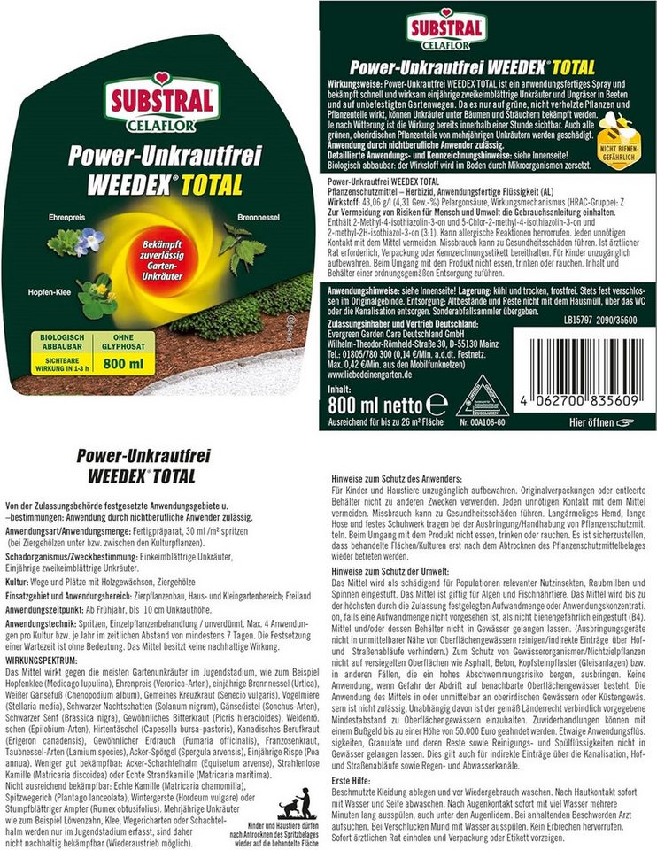 Thumbnail - Evergreen Unkrautbekämpfungsmittel Substral Celaflor Power Unkrautfrei Weedex Tota 800ml Sprühflasche