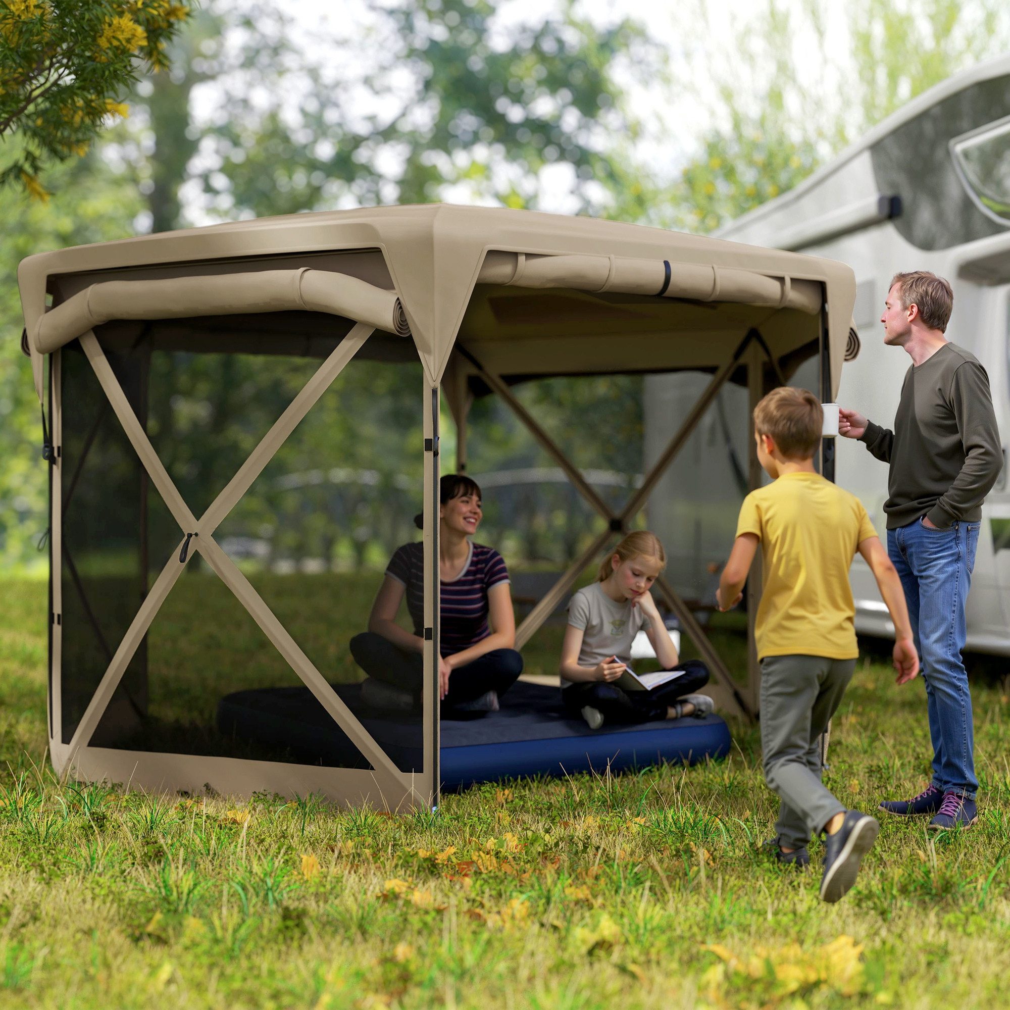 Outsunny Faltpavillon ca. 3,5x3m, UV 30+, mit 5 Seitenteilen, abnehmbarem Dach, mit 5 Seitenteilen, (winterfest Pop-up Partyzelt, faltbar Gartenpavillon), für Camping, Garten, Festival, Khaki