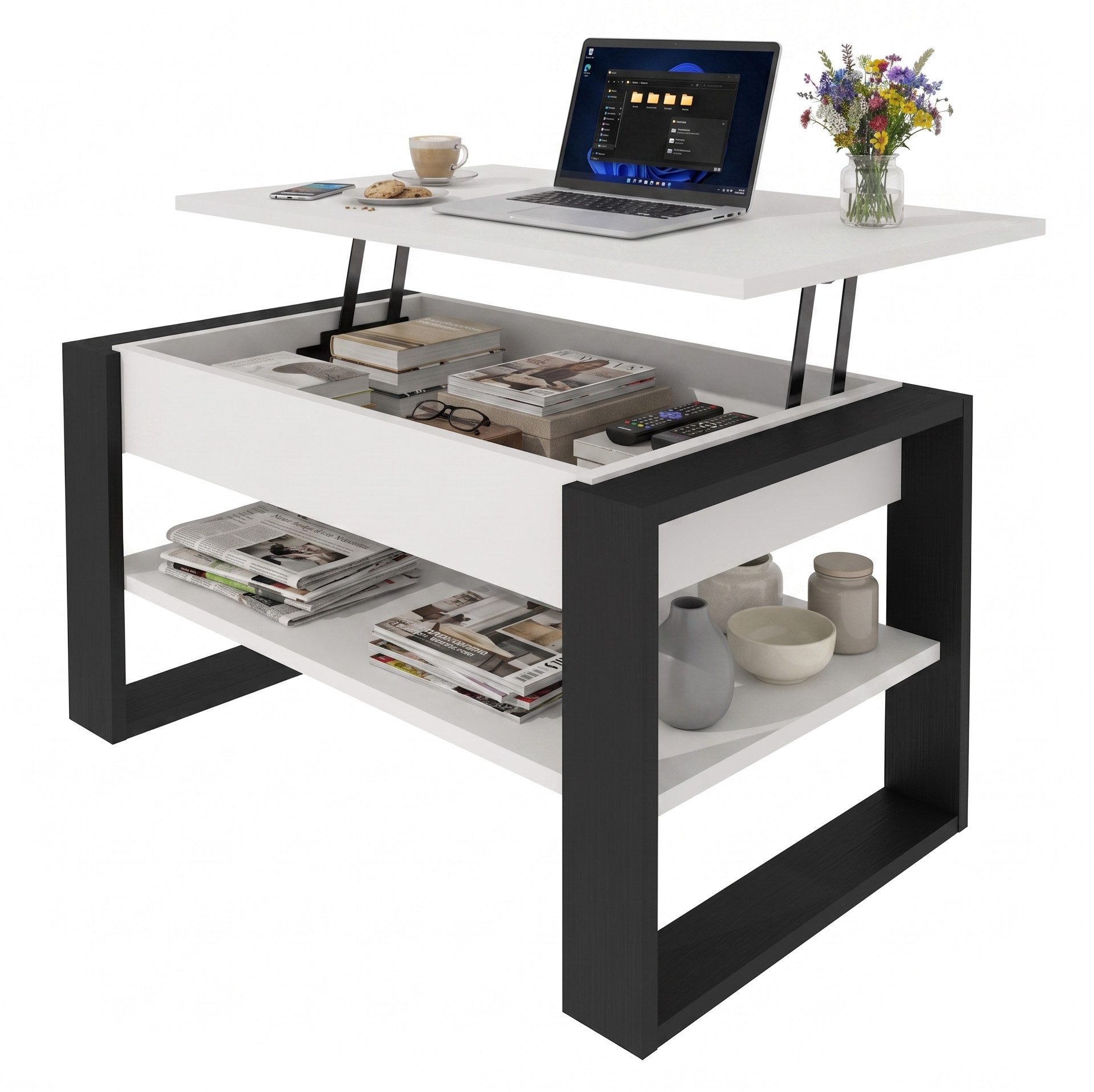 TREND WERK Couchtisch Lift-Couchtisch höhenverstellbar Sofatisch 92×55 cm mit Stauraum (verstecktem Fach Wohnzimmertisch Holz modern) – Bild 2 von 5