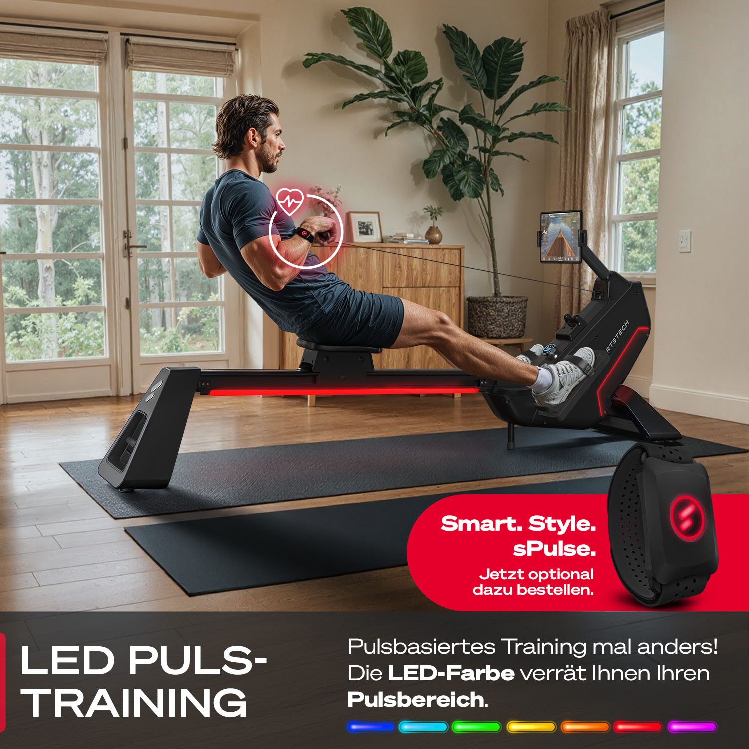 Sportstech Rudergerät sRow Lite, LED Knob-Display - Bluetooth - LED-Beleuchtung