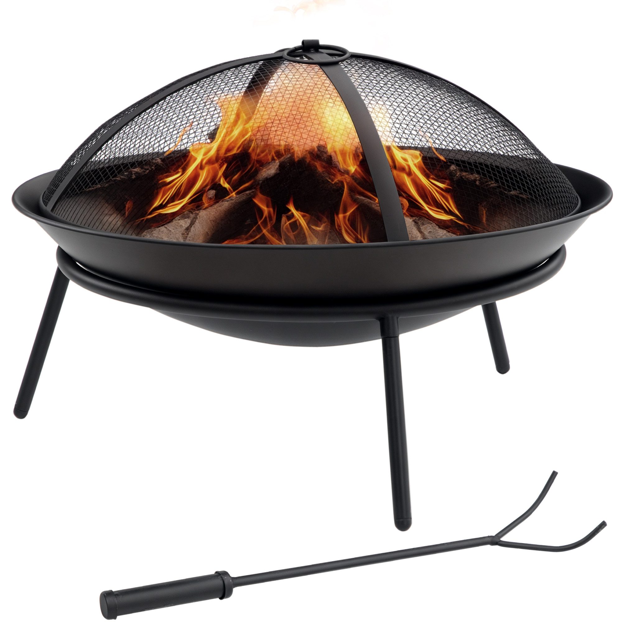MC Star Holzkohlegrill Feuerstelle für den Außenbereich mit Deckel und Schürhaken, Metall-Feuerstelle für Terrasse, Patio und Garten, Ø 47 x 33 cm, Schwarz