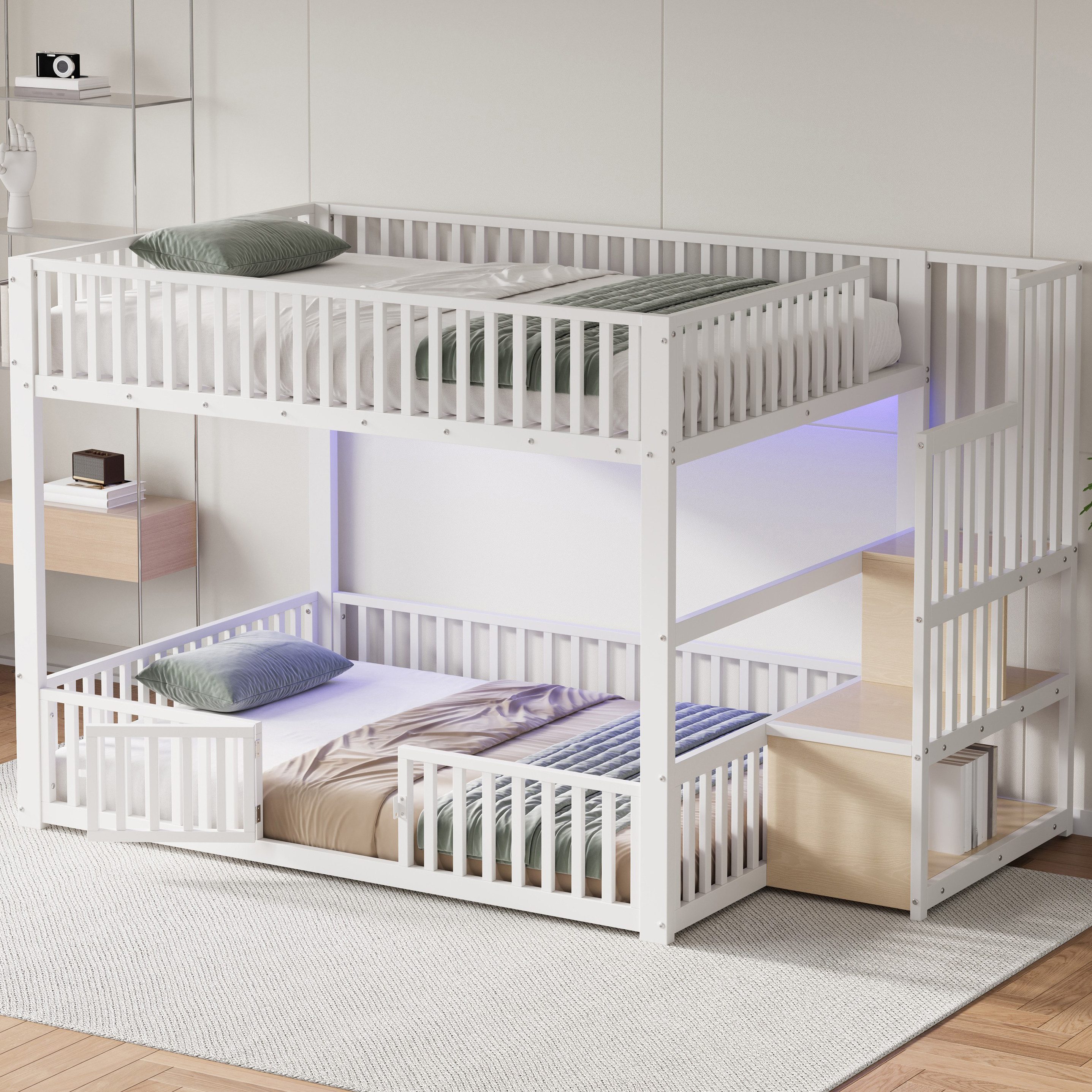 OKWISH Etagenbett mit LED-Beleuchtung (Komfortables Bett für Kinder mit Sicherheitszaun und Stauraum, 1-St., 251 x 145 x 128.6)