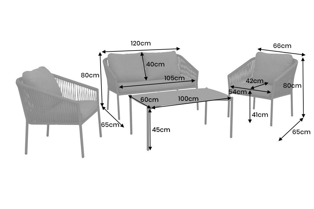 riess-ambiente Loungeset AIRE ROPE anthrazit - Stahl, Outdoor-Stoff, wetterfest, Garten, (Set, 4-tlg), Sitzgruppe mit Bank, Sessel & Tisch - ideal für Terrasse & Balkon