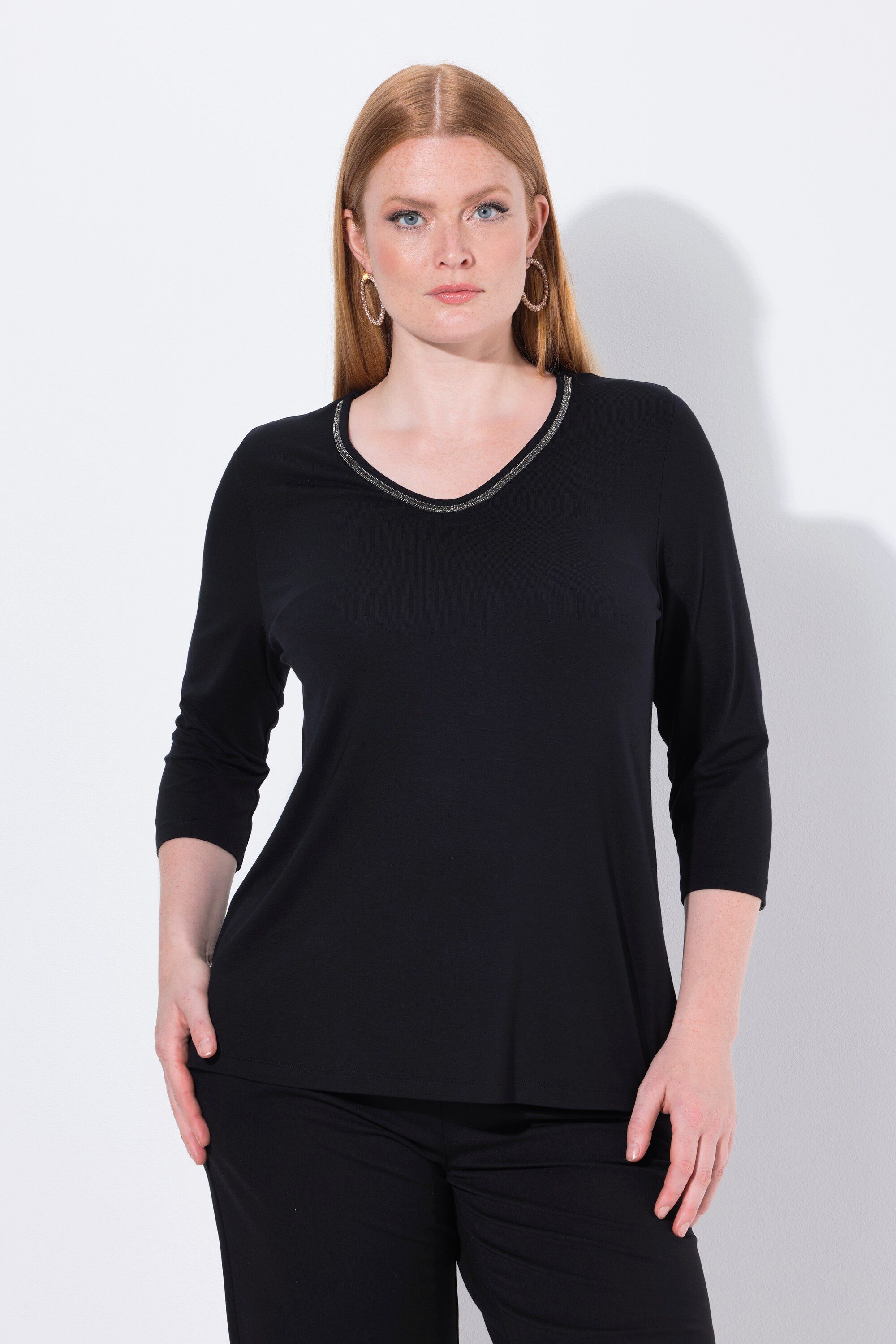 Ulla Popken T-Shirt Shirt Zierband Classic V-Ausschnitt 3/4-Arm