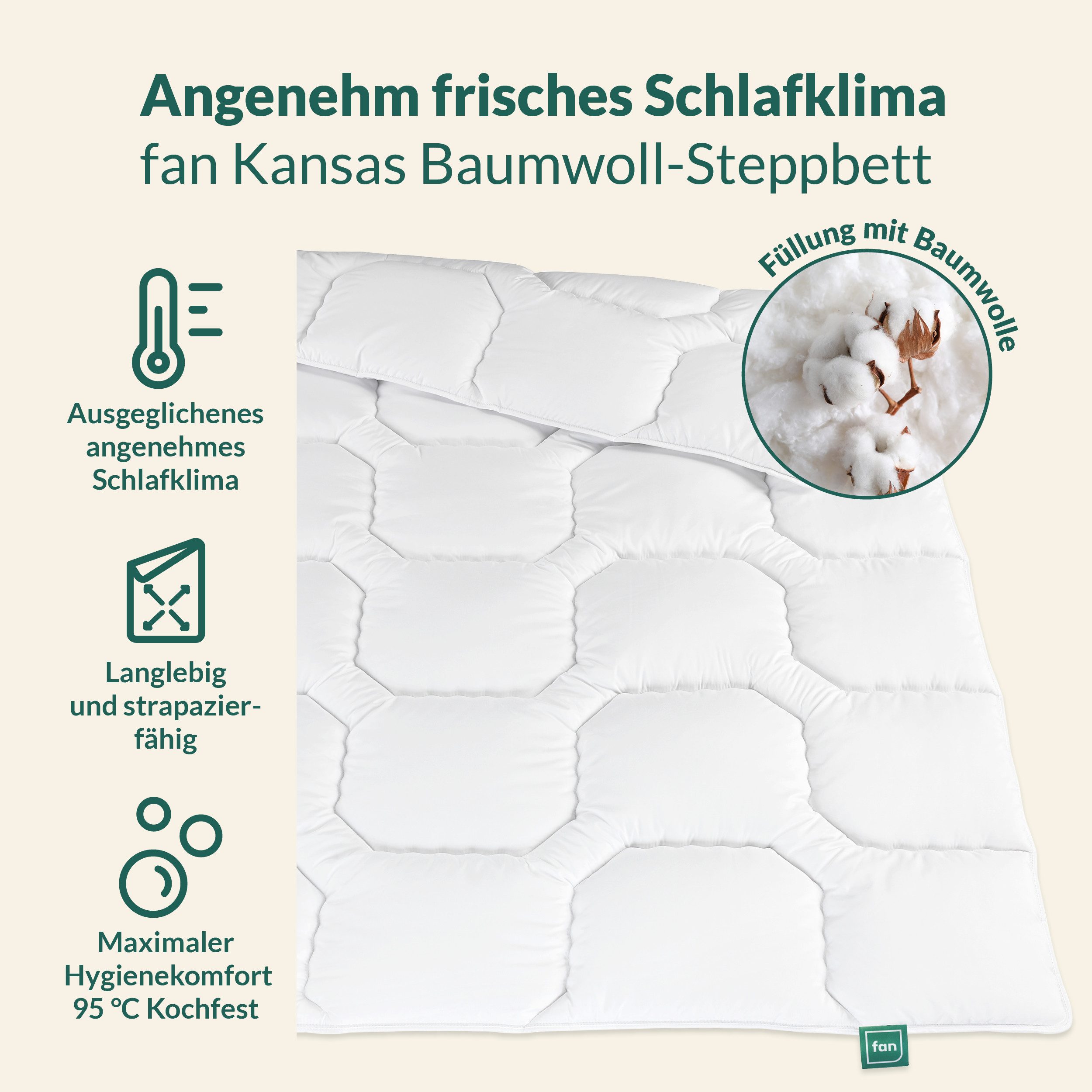 fan Baumwollbettdecke Kansas, Bettdecken für Sommer und Winter, Decke, Füllung: 100% Baumwolle, Bezug: 100% Baumwolle, Bettdecke 135x200 cm, 155x220 cm und weiteren Größen, Made in Germany