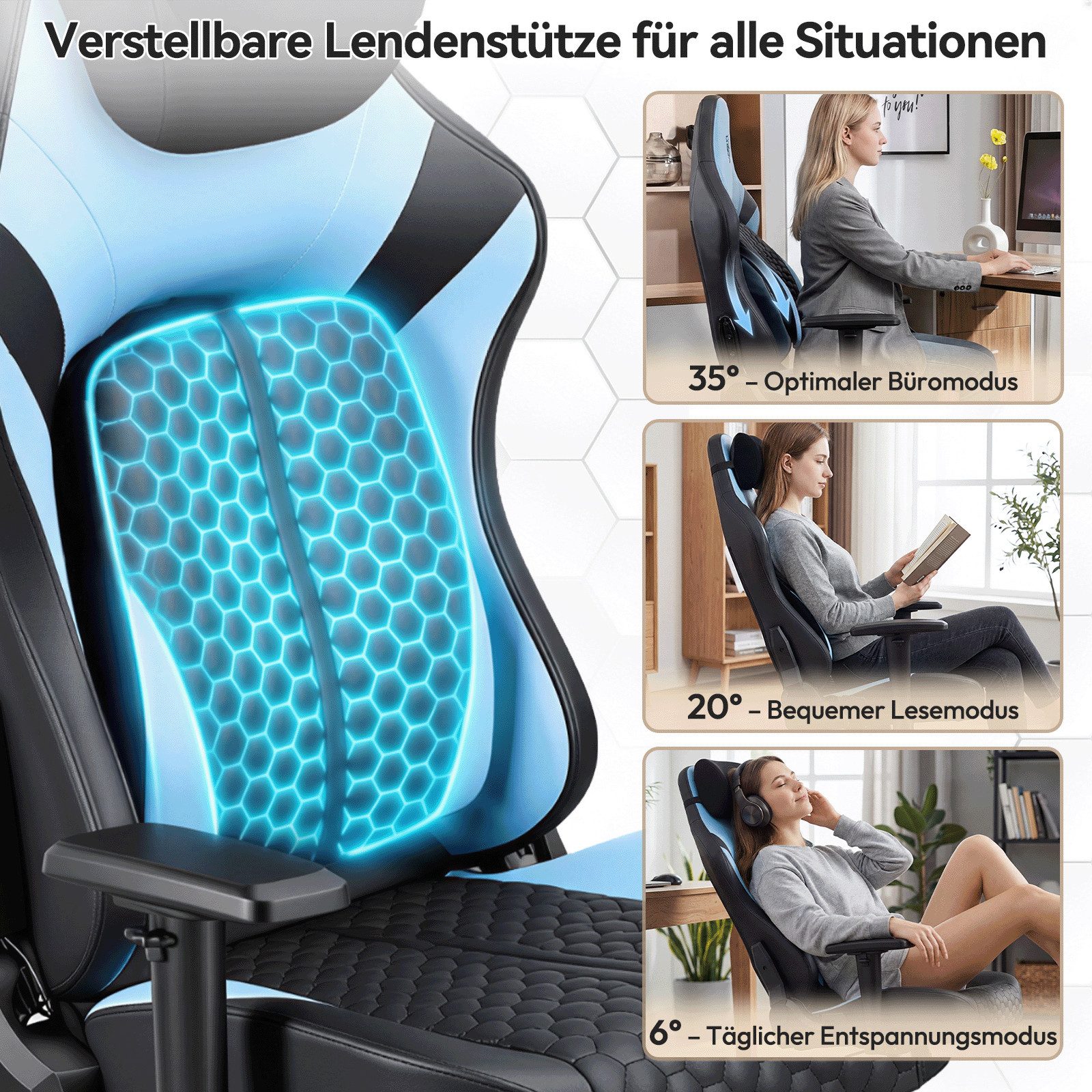 HOMALL Gaming-Stuhl gaming stuhl,mit verstellbarer Lendenstütze 6°-35°, 2D-Armlehnen,Rückenlehne 90°-135° verstellbar,150kg Belastbarkeit – Bild 2 von 5