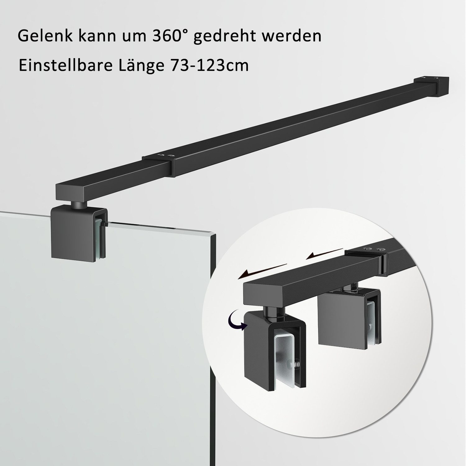 Hopibath Duschwand-Stabilisationsstange Chrom Schwarz für 8-10mm haltestange duschwand 73-123cm 360° Drehbar, (Stabilisator, rechteckig), für Duschabtrennung Du – Bild 3 von 5