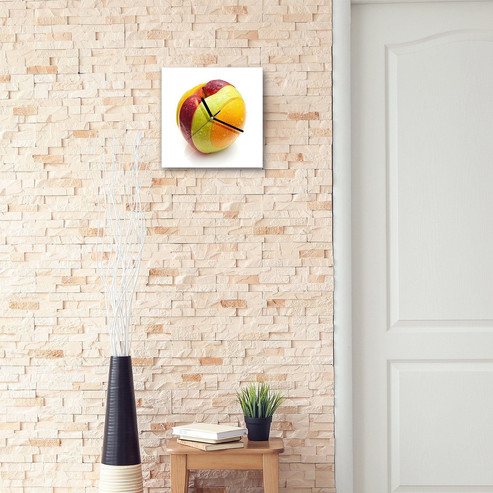 Primedeco Wanduhr Glasuhr Hälften Größe 30 mit in cm mehrere Wanduhr 30 x Wandkunst Motiv Apfel