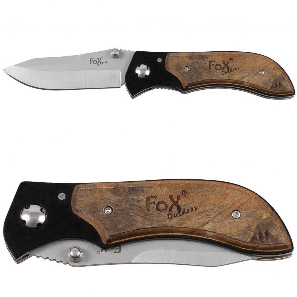 FoxOutdoor Taschenmesser Klappmesser, Einhand, mit Edelholzeinlage, (Packung), ergonomisch geformter Metallgriff