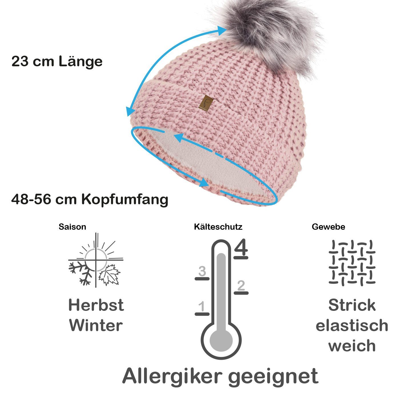 compagno Bommelmütze Wintermütze Mütze Beanie Haube gefüttert Bommelmütze