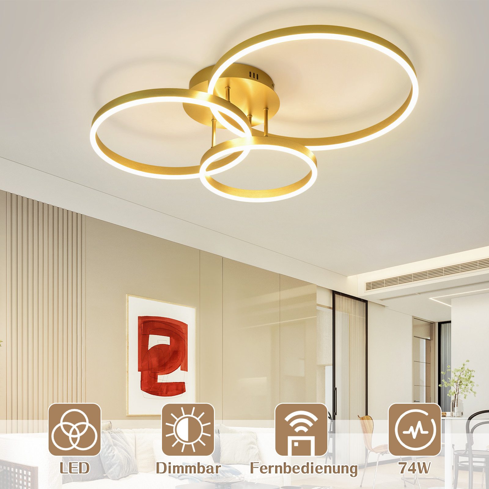 Nettlife LED Deckenleuchte Dimmbar Wohnzimmer Gold 2 Ring 46W 59CM Modern, Dimmbar mit Fernbedienung, LED fest integriert, Geeignet für Wohnzimmer, Schlafzimmer, Küche, Esszimmer, Büro