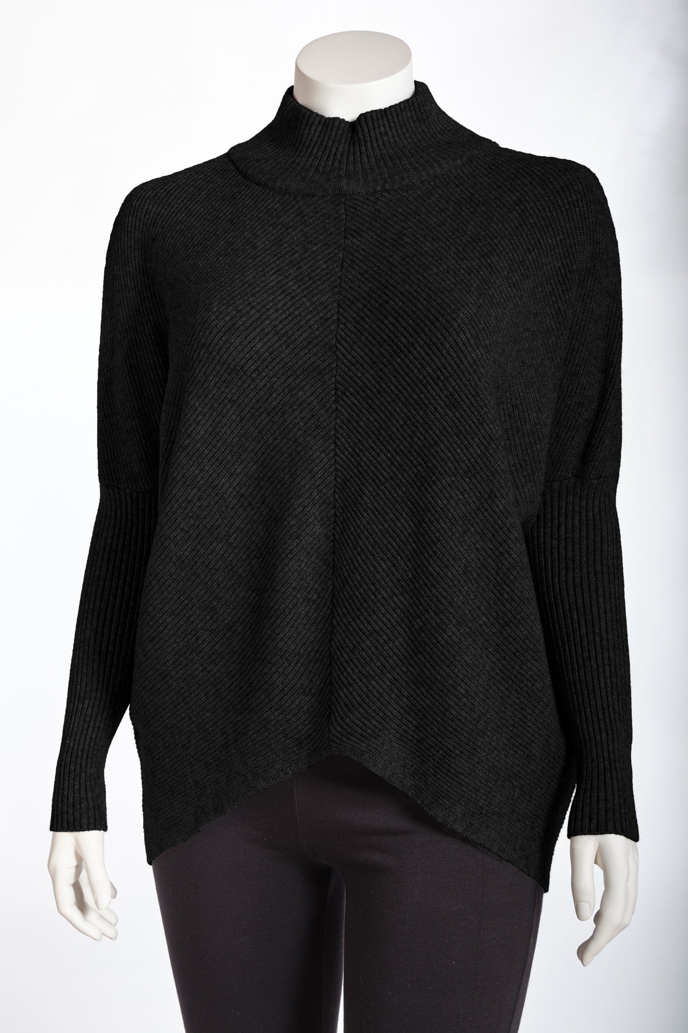 Fledermausärmel Strickpullover Pullover Oversized Damen (1-tlg) Rippstrick PEKIVESSA hinten länger schwarz