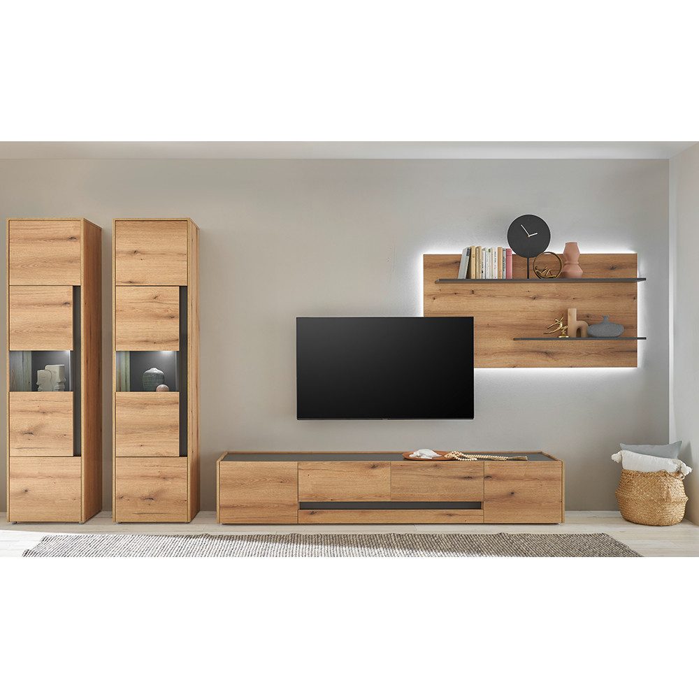 Lomadox Wandregal CRISP-61, 150 cm, Eiche Nb. mit anthrazit, 2 Ablageböden für Deko oder Bücher